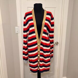 GUCCI Pearl Button, Red/White/Navy Cashmere Wool Cardigan